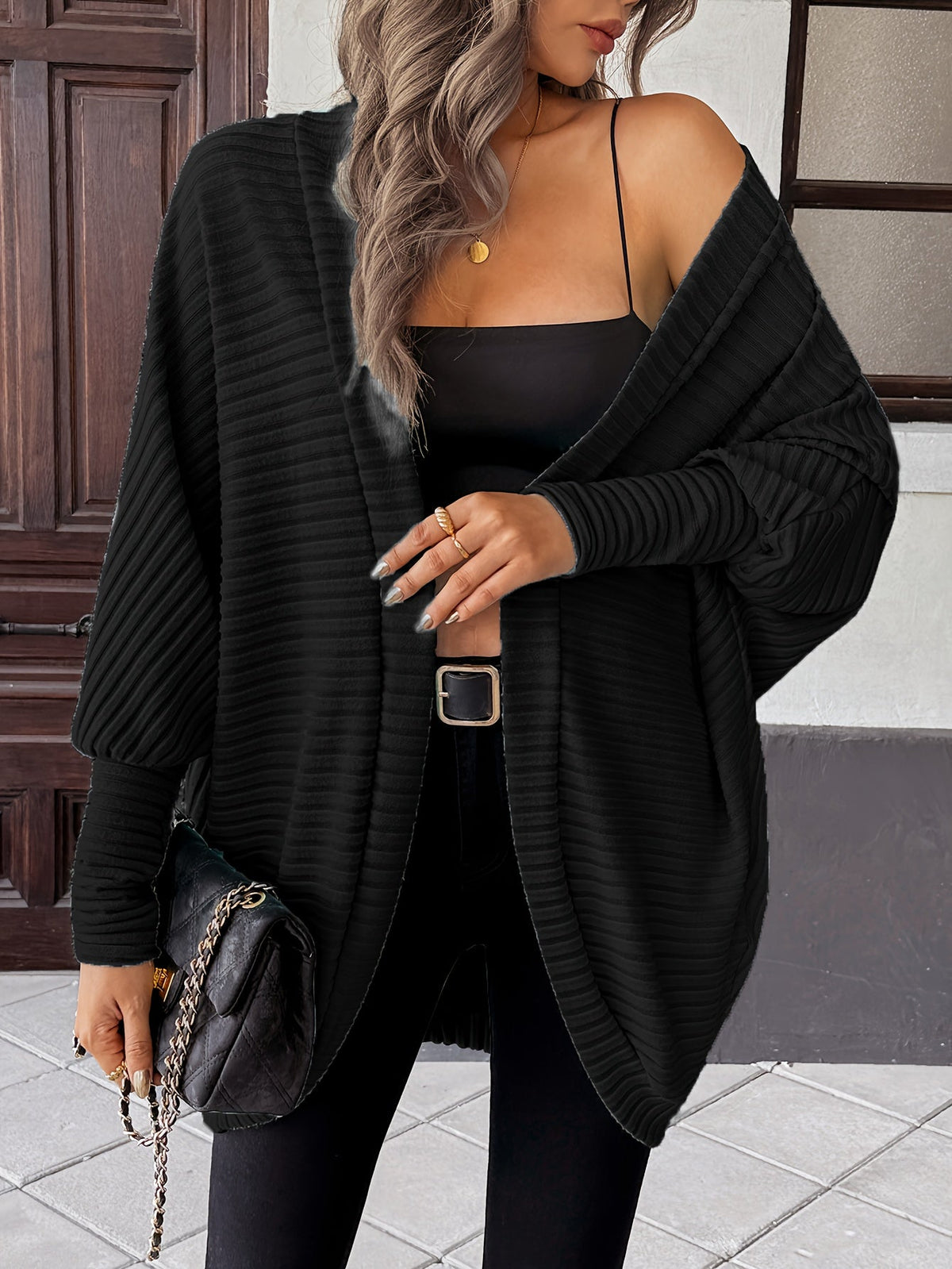 Oversized Open Front Cardigan with Wide Sleeves and Ribbed Texture