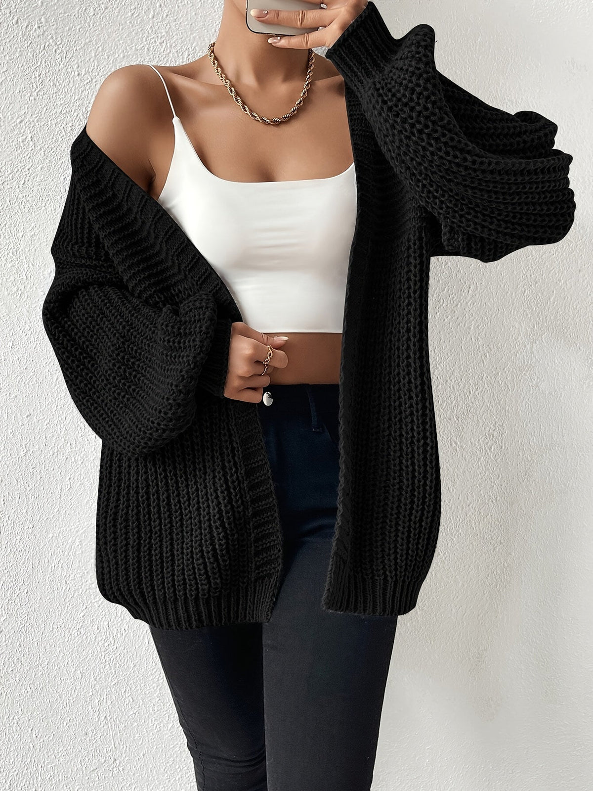 Black Oversized Chunky Knit Open Front Cardigan with Puff Sleeves