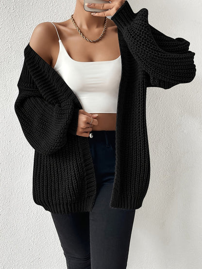 Black Oversized Chunky Knit Open Front Cardigan with Puff Sleeves