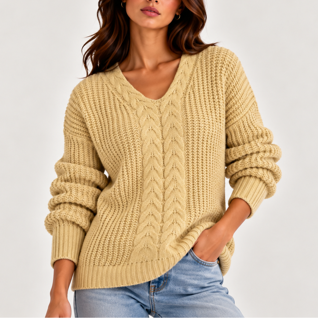 Chunky Cable Knit Sweater with V-Neckline and Puff Sleeves