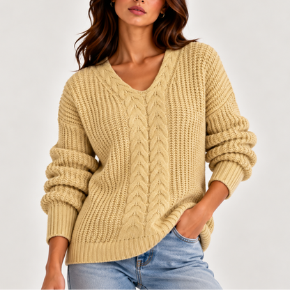 Chunky Cable Knit Sweater with V-Neckline and Puff Sleeves