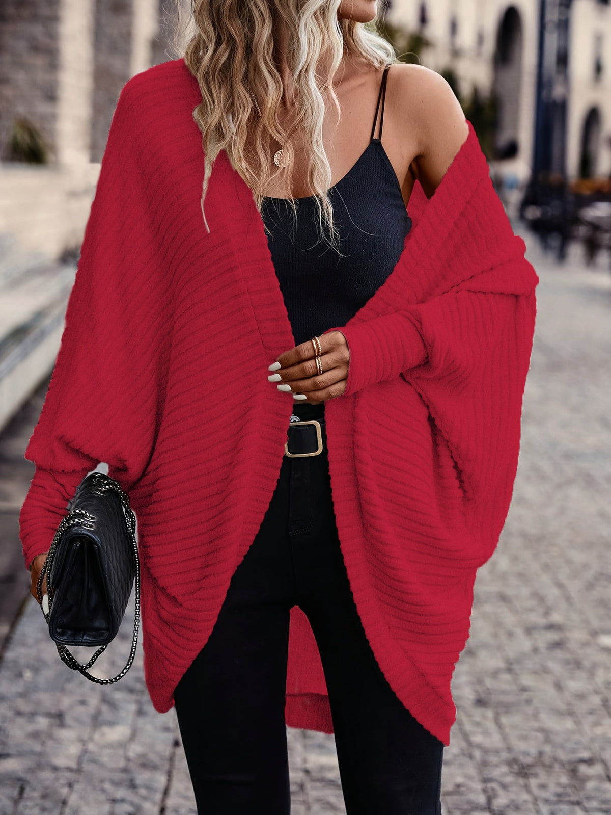 Oversized Open Front Cardigan with Wide Sleeves and Ribbed Texture