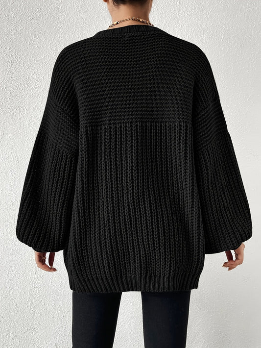 Black Oversized Chunky Knit Open Front Cardigan with Puff Sleeves