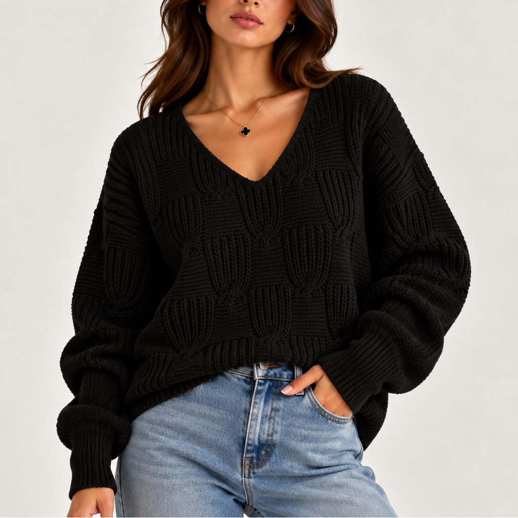 Chunky Cable Knit V-Neck Sweater with Balloon Sleeves