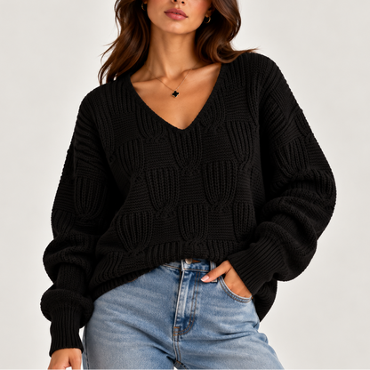 Chunky Cable Knit V-Neck Sweater with Balloon Sleeves