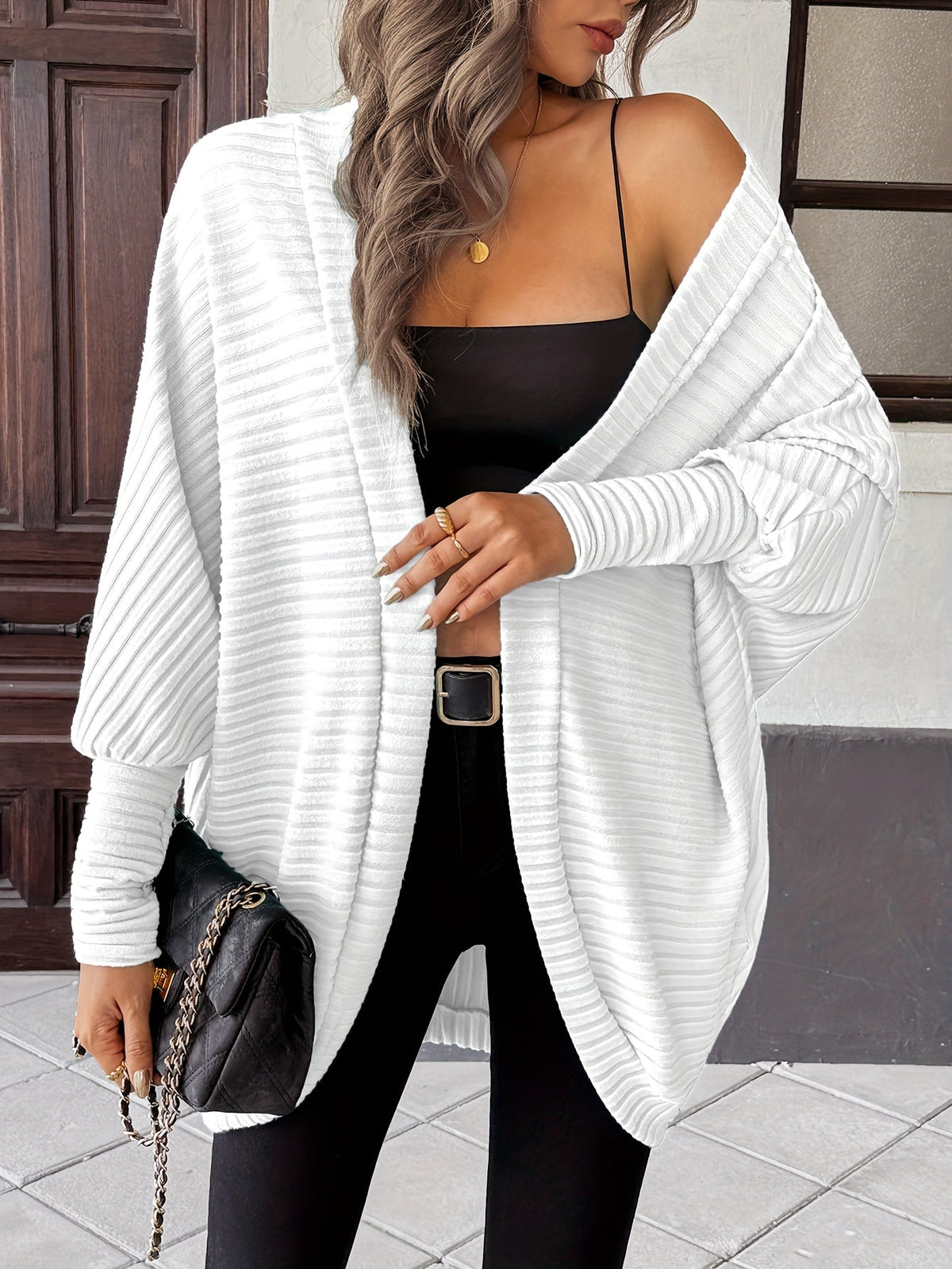 Oversized Open Front Cardigan with Wide Sleeves and Ribbed Texture