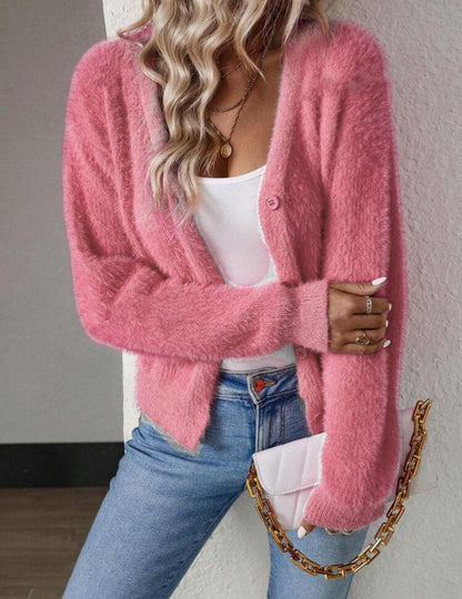 Soft Fluffy Knit Cardigan with V-Neckline