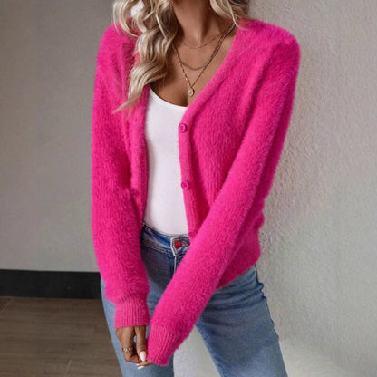Soft Fluffy Knit Cardigan with V-Neckline