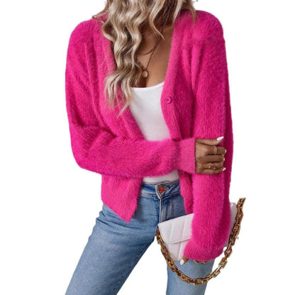 Soft Fluffy Knit Cardigan with V-Neckline