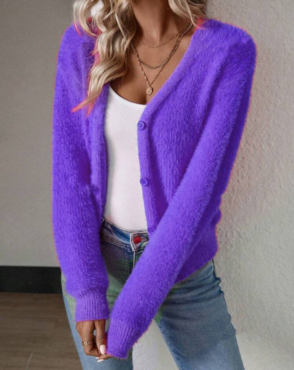 Soft Fluffy Knit Cardigan with V-Neckline