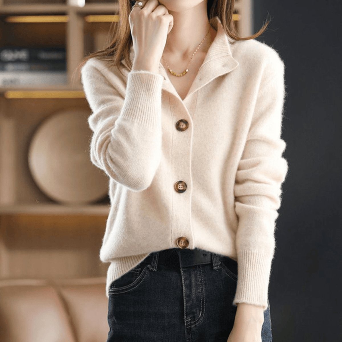 Soft Cashmere-Feel Knit Cardigan with Ribbed Cuffs