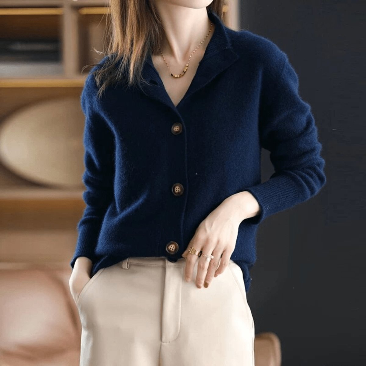 Soft Cashmere-Feel Knit Cardigan with Ribbed Cuffs