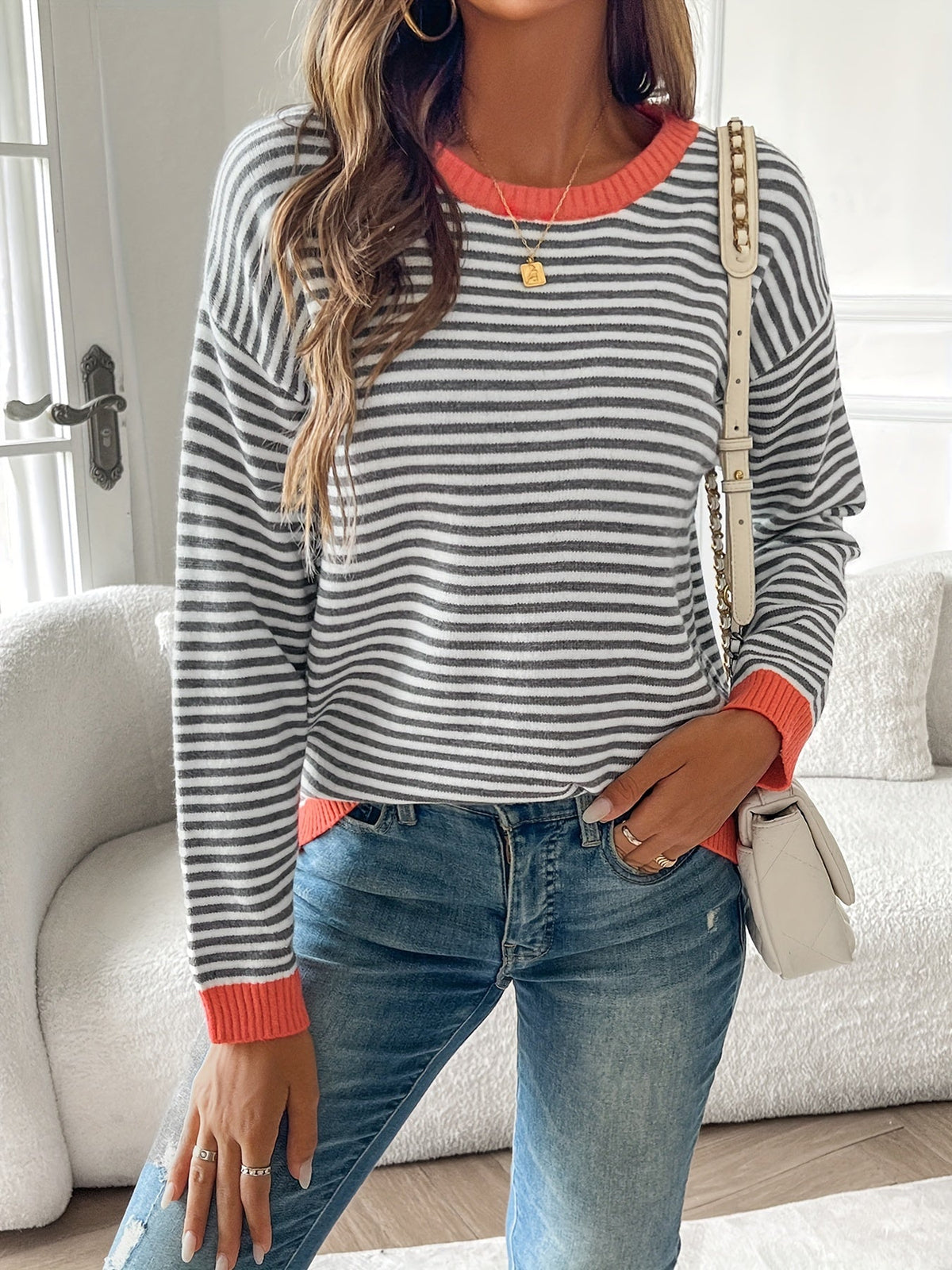 Striped Sweater with Coral Ribbed Trim and Crew Neck
