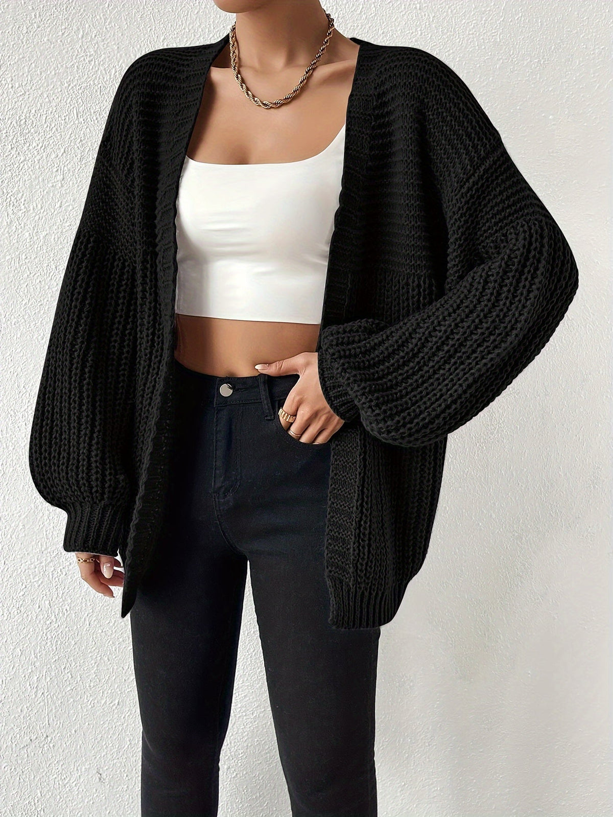 Black Oversized Chunky Knit Open Front Cardigan with Puff Sleeves