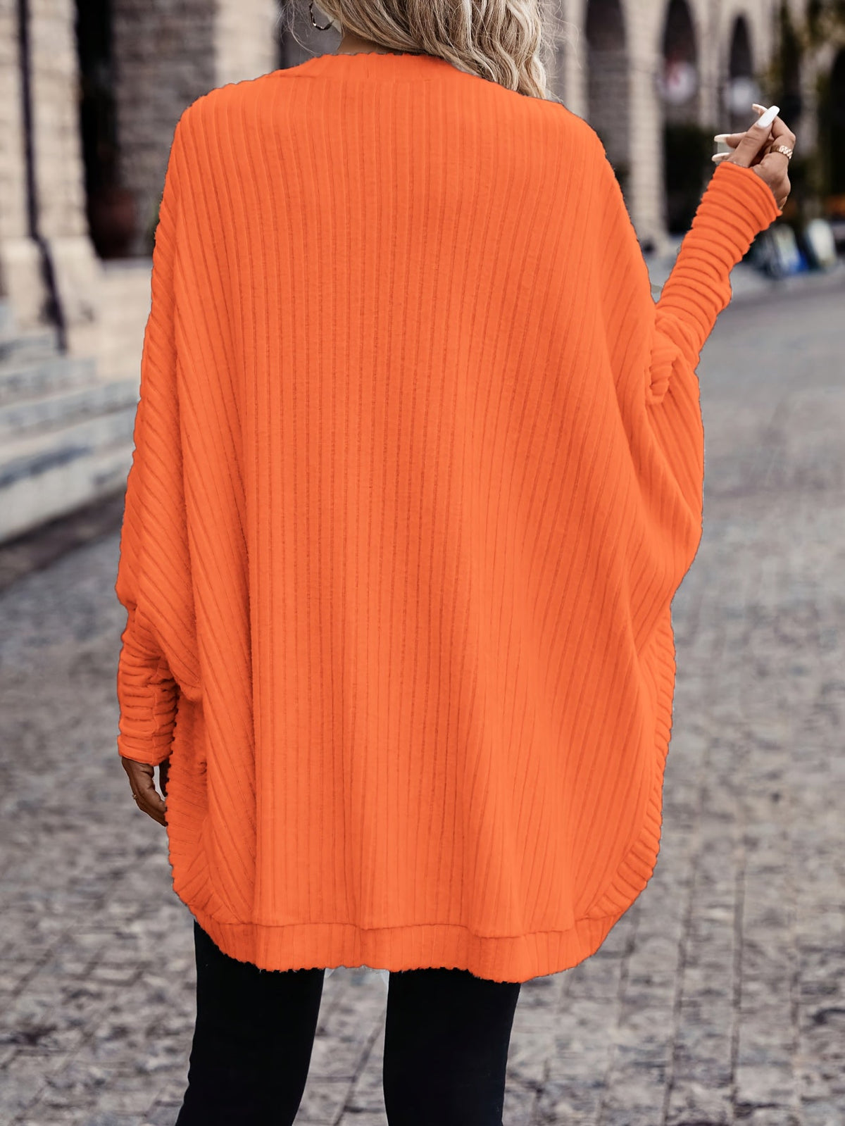 Oversized Open Front Cardigan with Wide Sleeves and Ribbed Texture