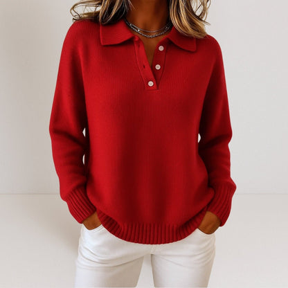 Soft Polo Collar Sweater with Button Placket