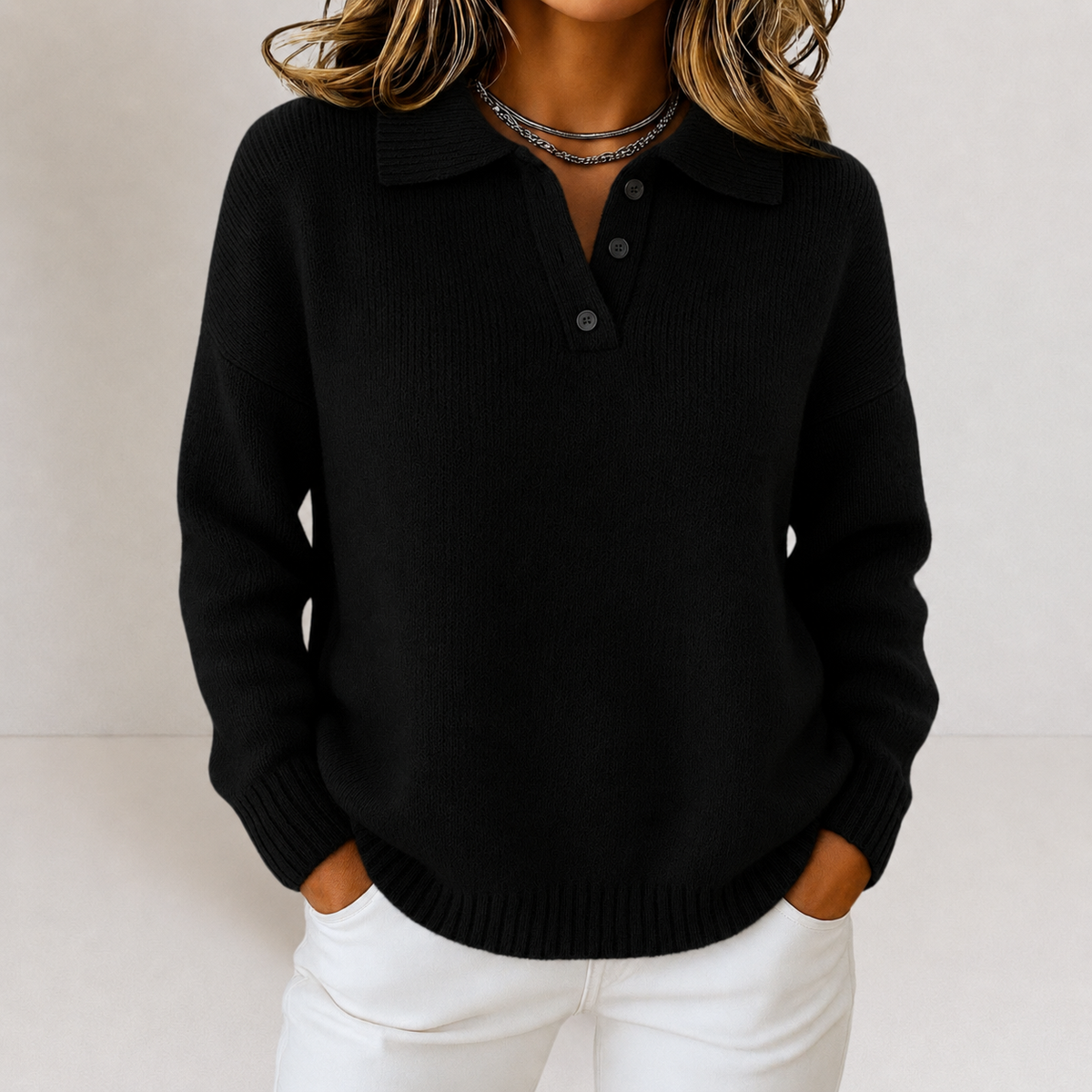 Soft Polo Collar Sweater with Button Placket
